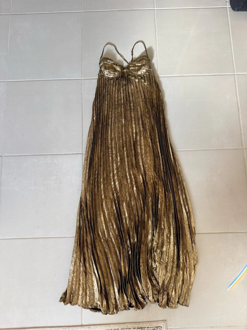 LuLus Metallic Gold Pleated Maxi Dress with Spaghetti Straps - Picture 2 of 3